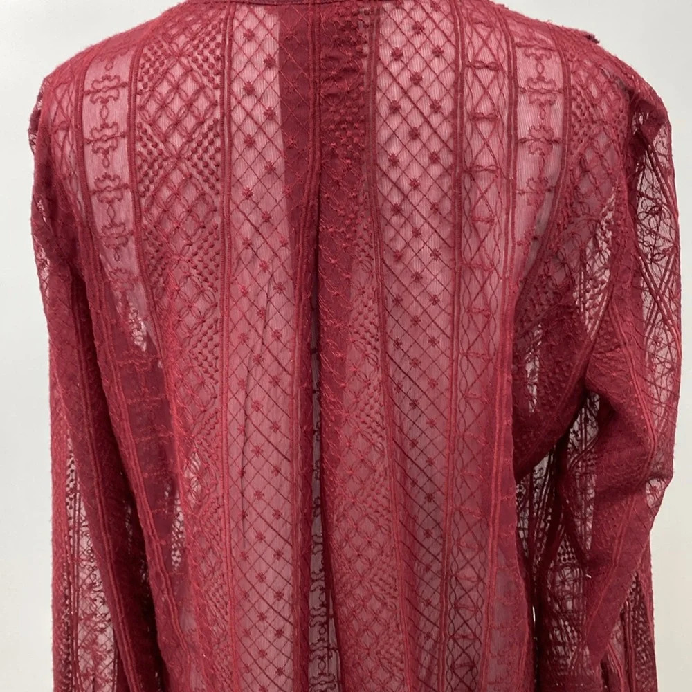 Chico's Popover Blouse Womens Size 1 8/10 M Burgundy Red V-Neck See Through Lace - Picture 6 of 13